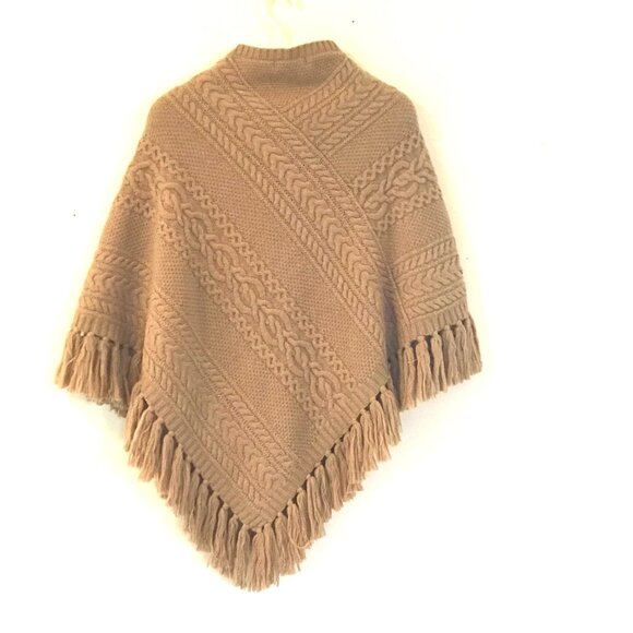 Lauren Ralph Lauren poncho brown women's S/M cable knit fringe lambswool boho - Picture 6 of 6